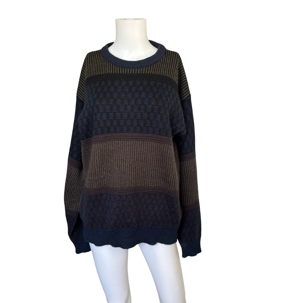 Vintage 80s Saturdays Sweater Ribbed Knit Navy Blue Brown Academia Classic